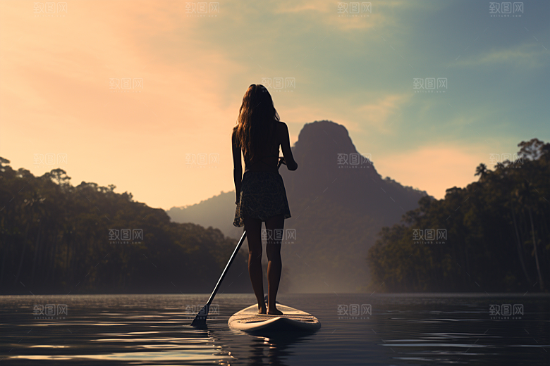 浆板运动湖泊河流划水摄影图