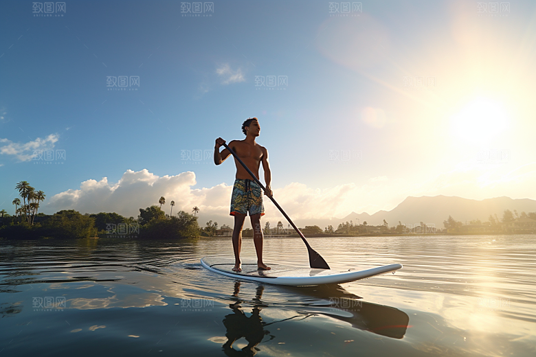 浆板运动湖泊河流划水摄影图