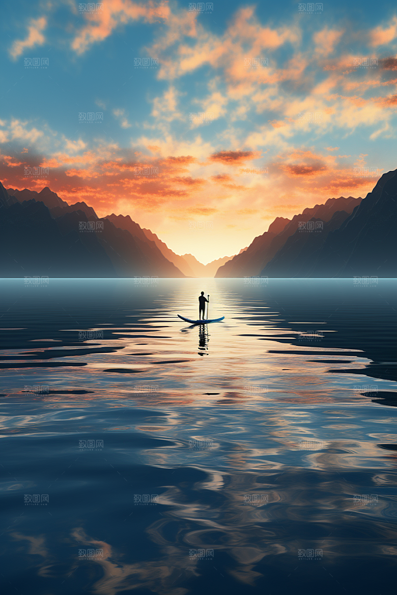 浆板运动湖泊河流划水摄影图