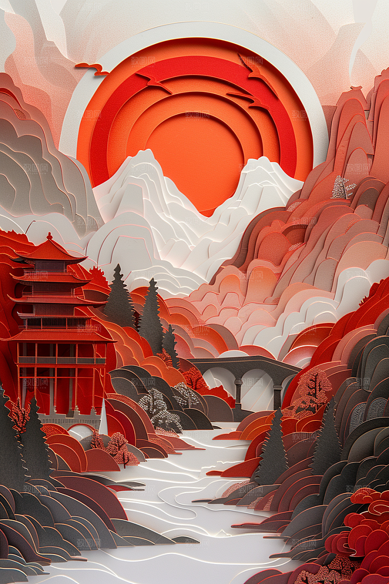 中国风风光古建筑创意剪纸