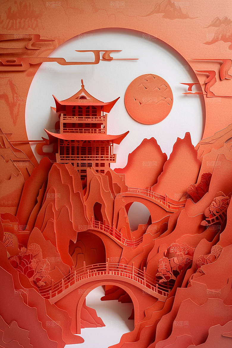 中国风风光创意层次剪纸