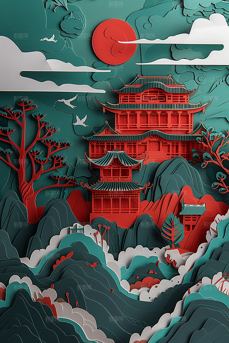 中国风风光立体古建筑剪纸