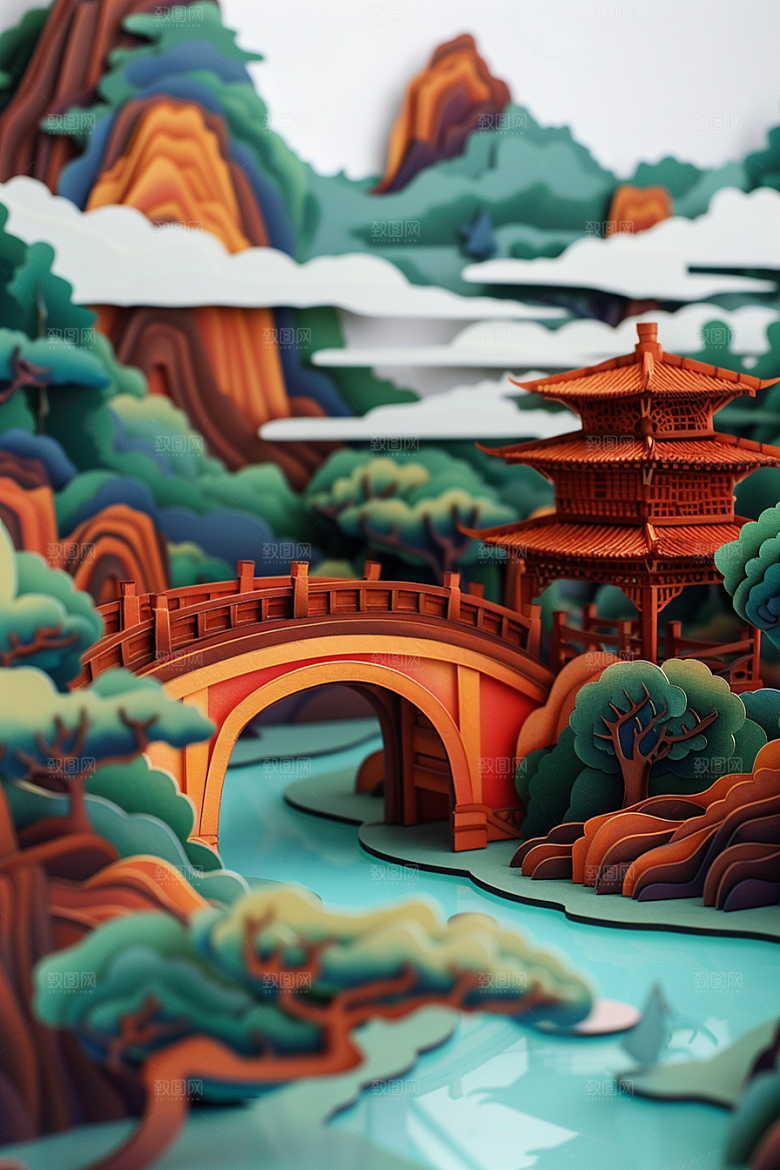 中国风风光艺术古建筑剪纸