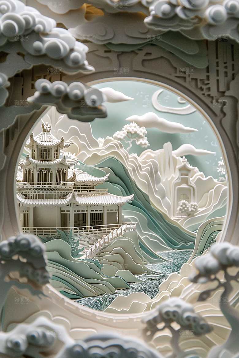 中国风风光精美传统技艺剪纸