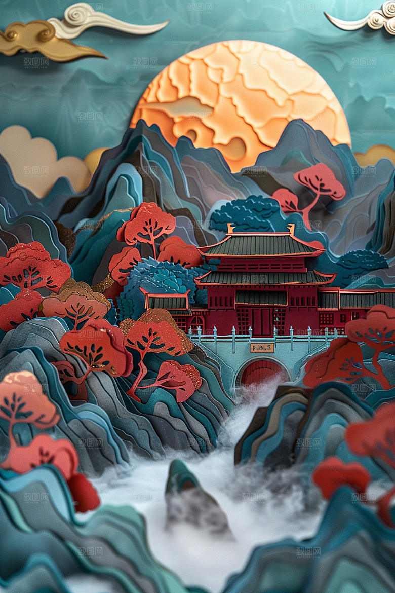 中国风风光层次传统技艺剪纸