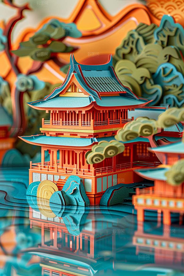 中国风风光立体古建筑剪纸