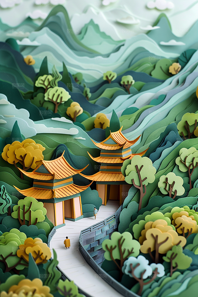 中国风风光精美立体剪纸