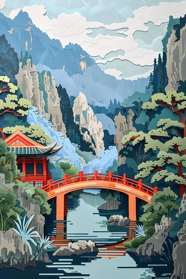 中国风风光传统技艺精致剪纸