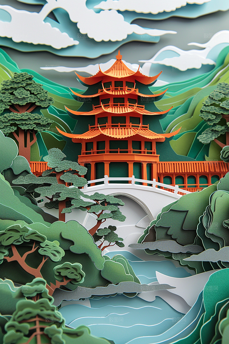 中国风风光质感精美剪纸