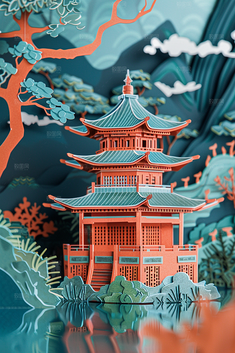 中国风风光古建筑层次剪纸