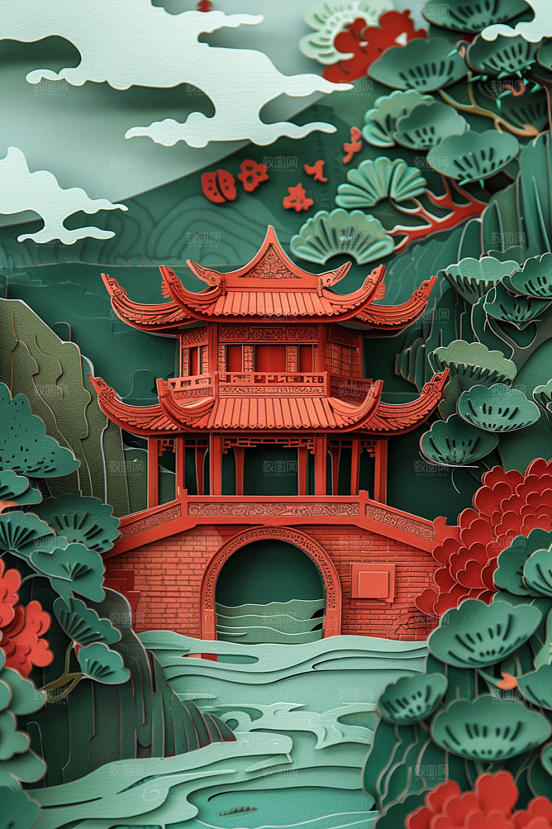 中国风风光风景传统技艺剪纸