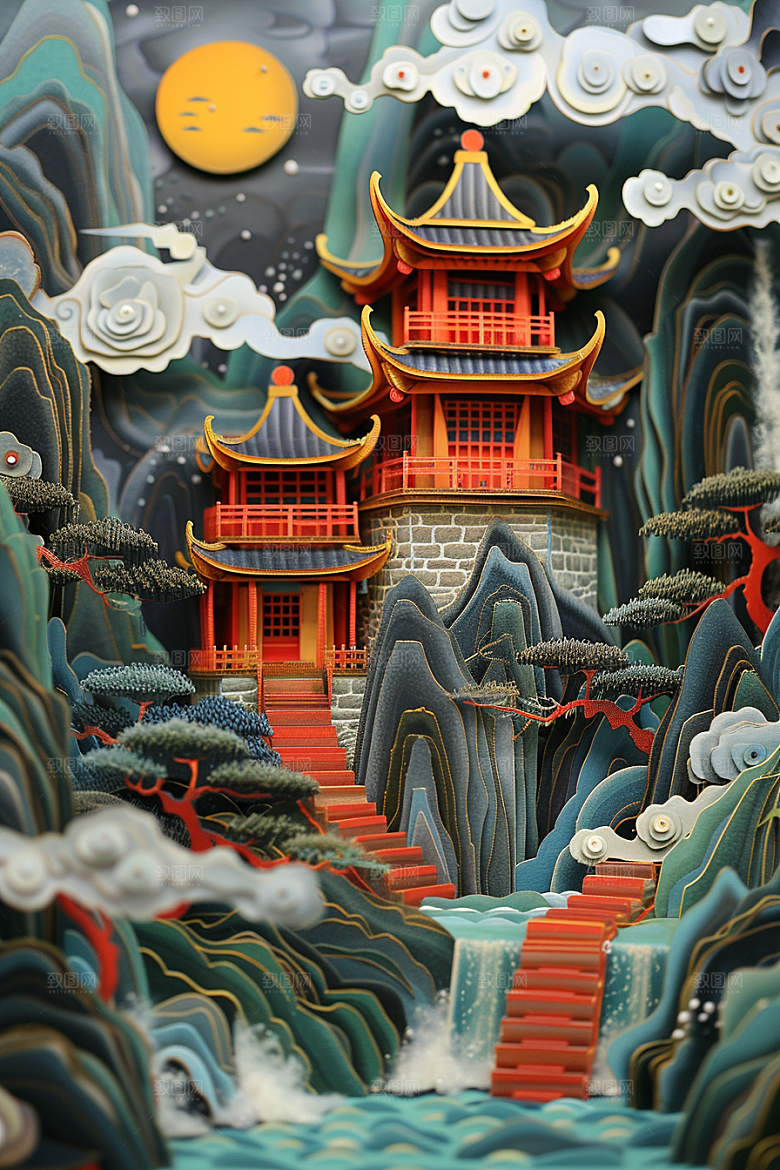 中国风风光风景彩色剪纸