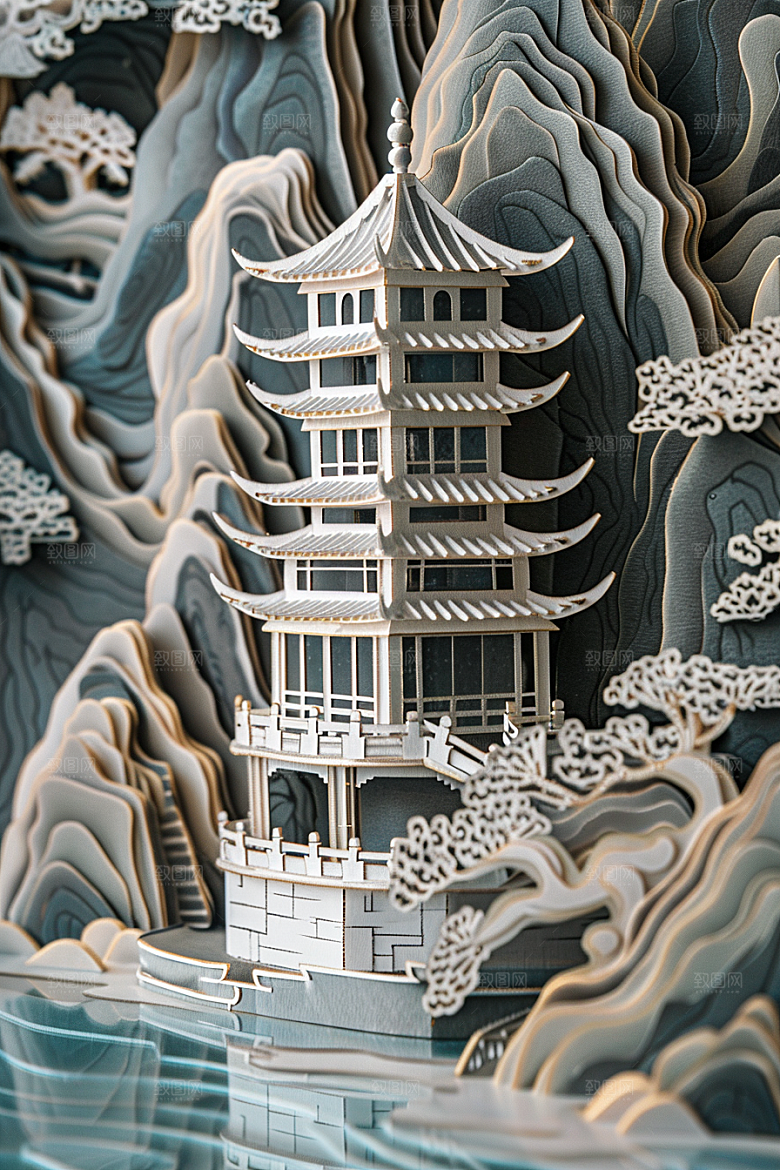 中国风风光层次立体剪纸