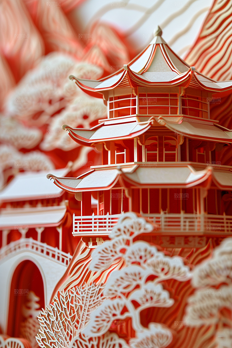 中国风风光立体风景剪纸