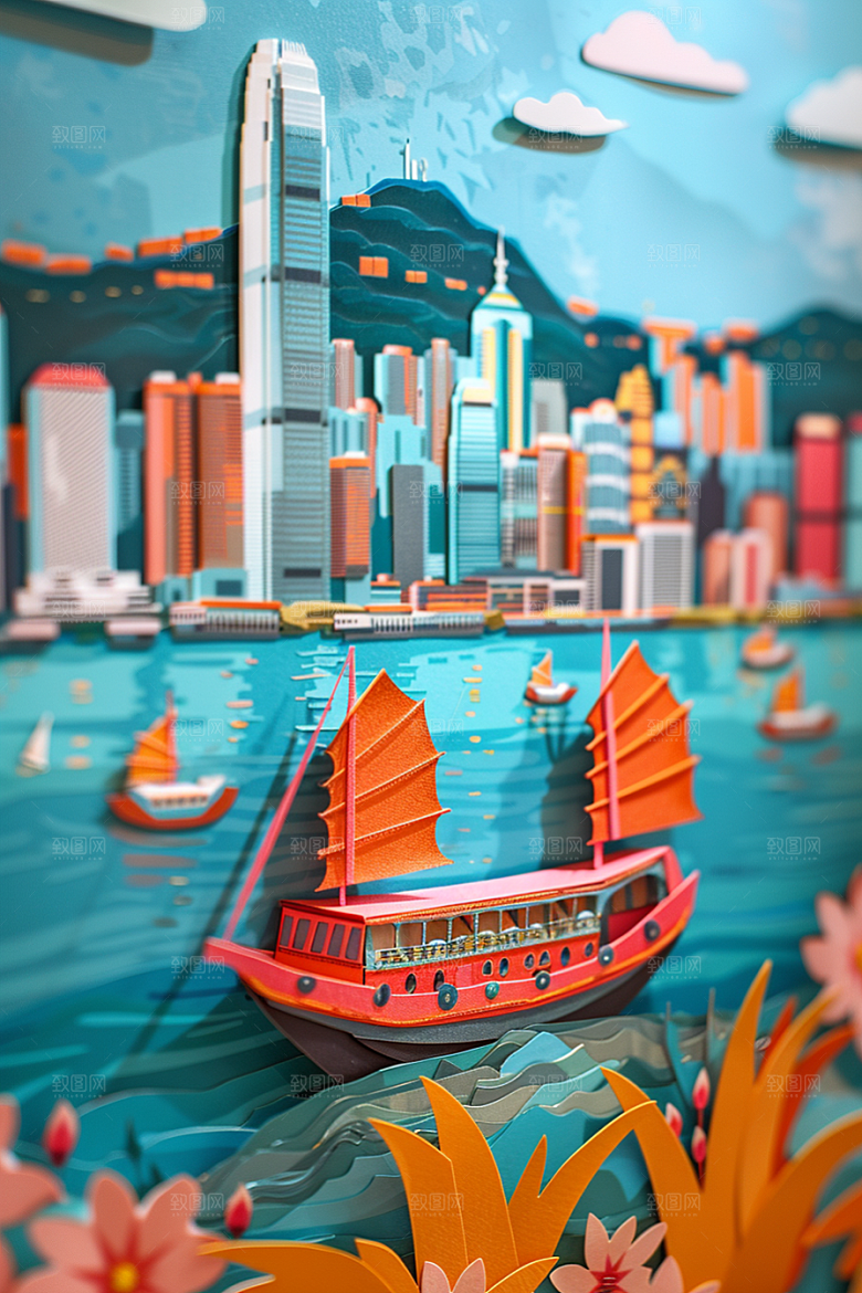 中国风风光古建筑彩色剪纸
