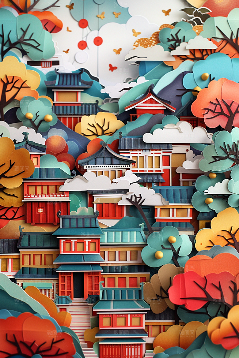 中国风风光风景创意剪纸