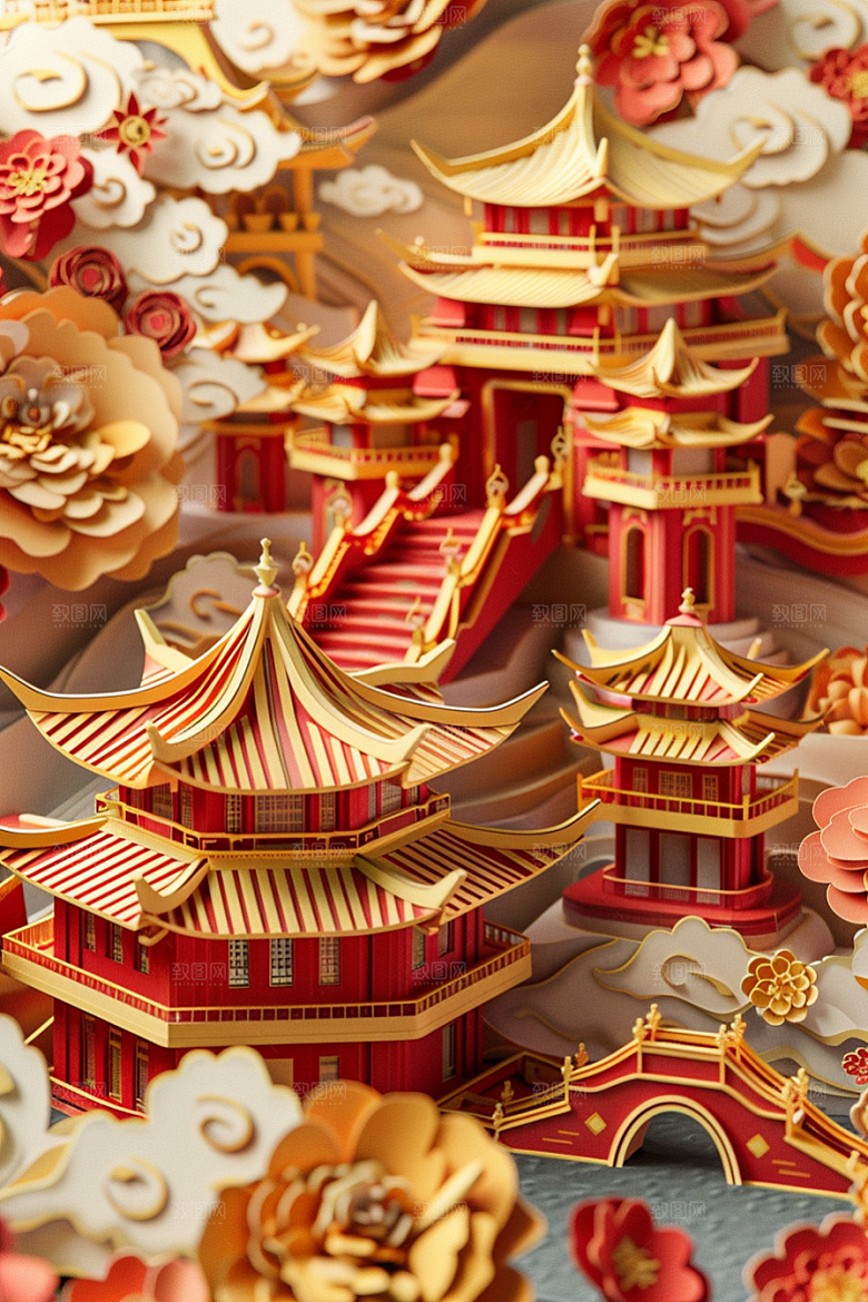 中国风风光层次风景剪纸
