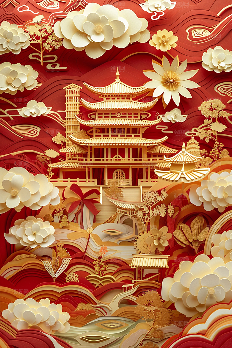 中国风风光精致彩色剪纸
