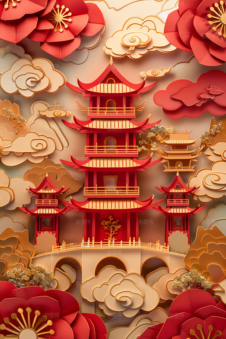 中国风风光传统技艺质感剪纸