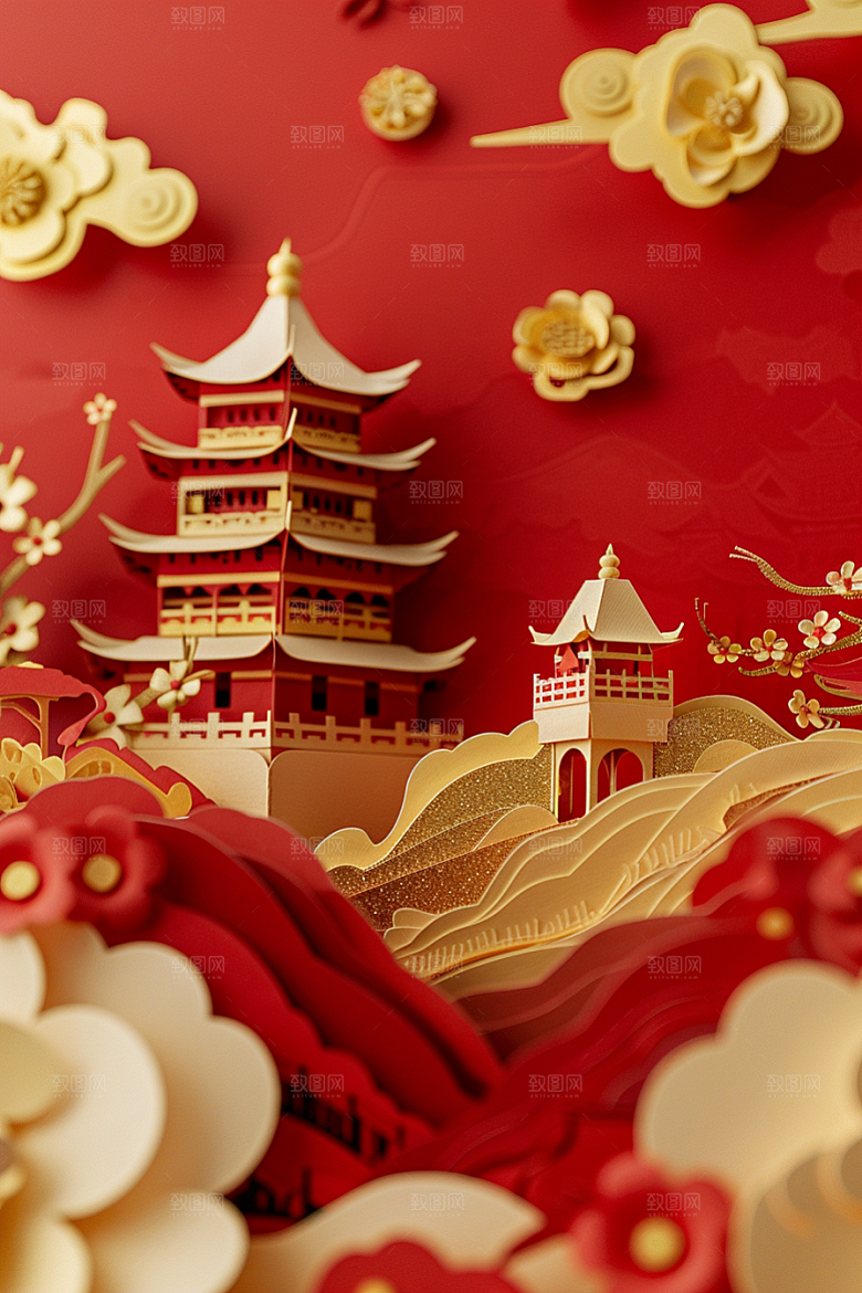 中国风风光层次风景剪纸