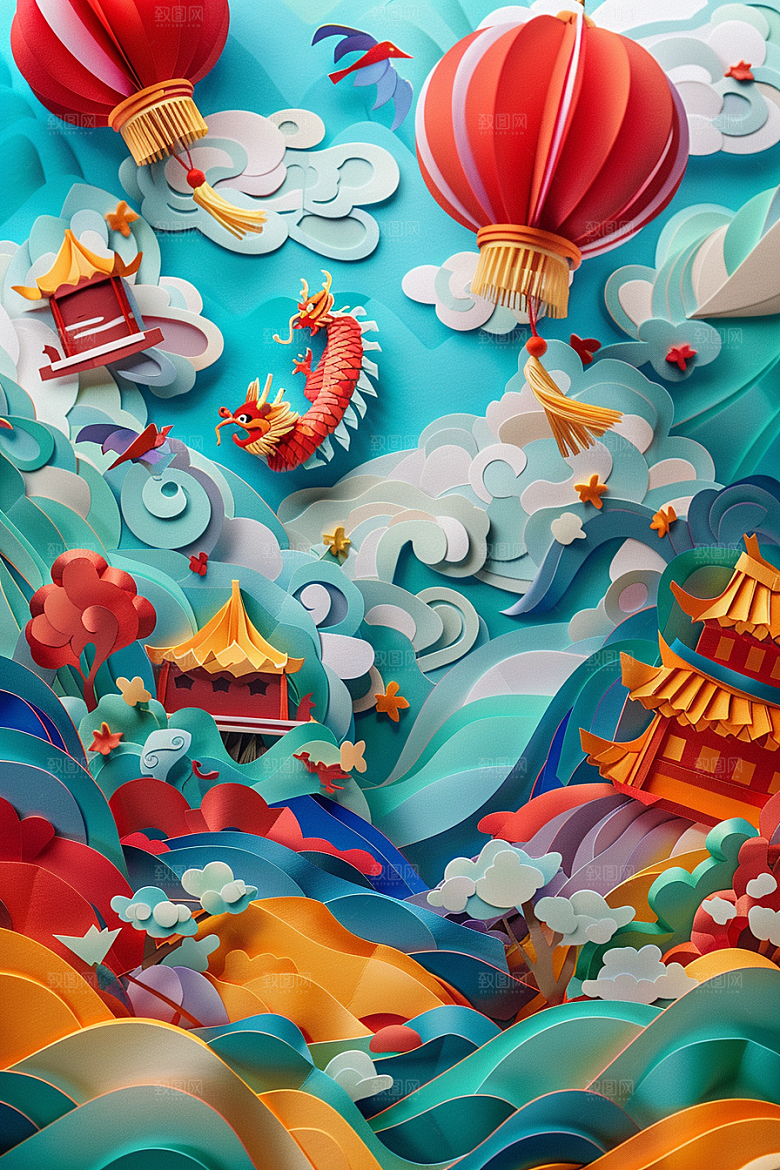 中国风风光立体高清剪纸
