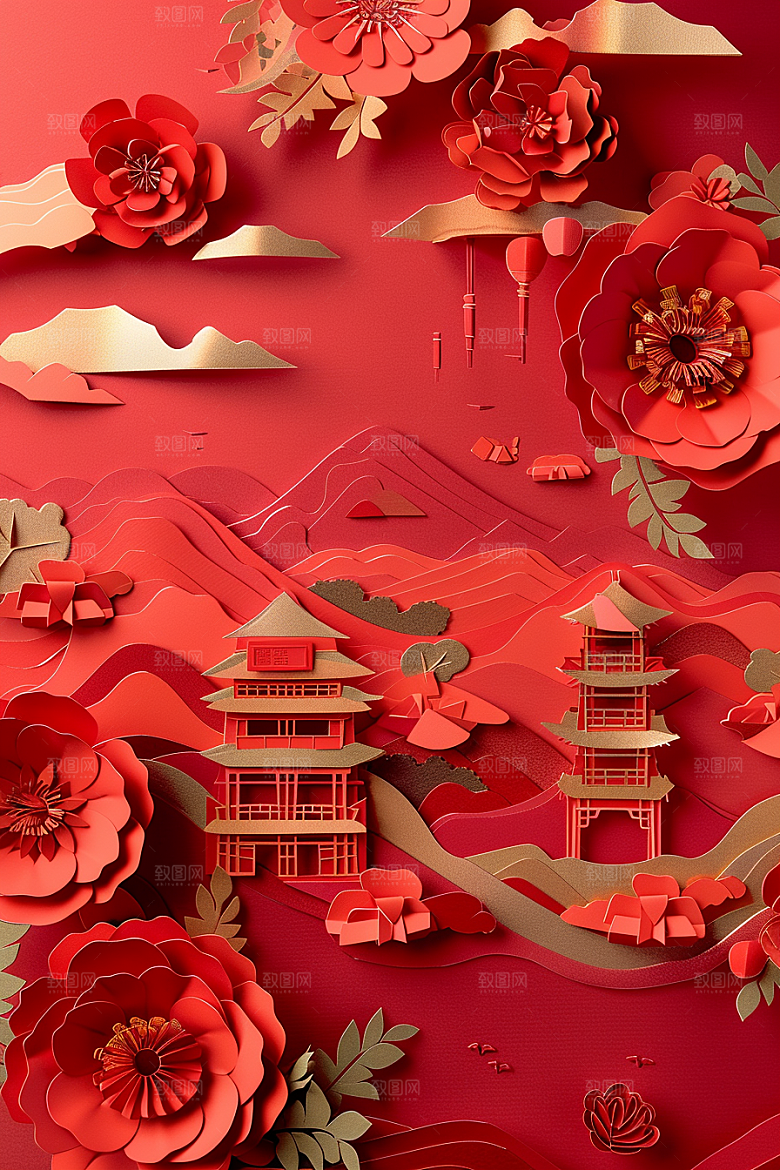 中国风风光立体层次剪纸