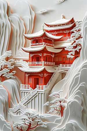 中式山水艺术彩色剪纸