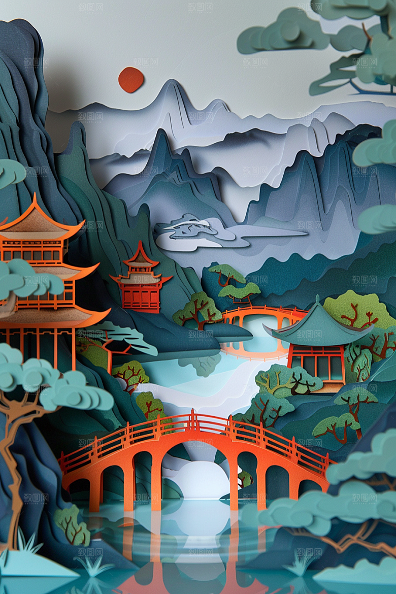 中式山水彩色3D剪纸