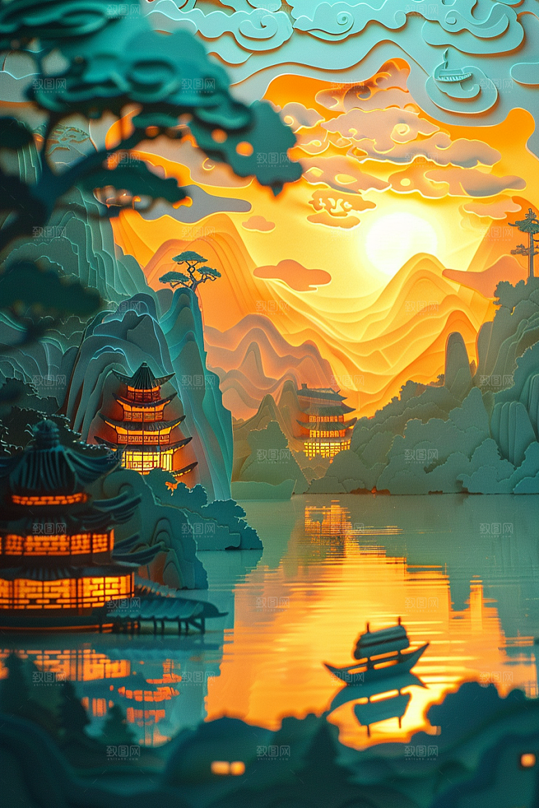 中式山水3D唯美剪纸