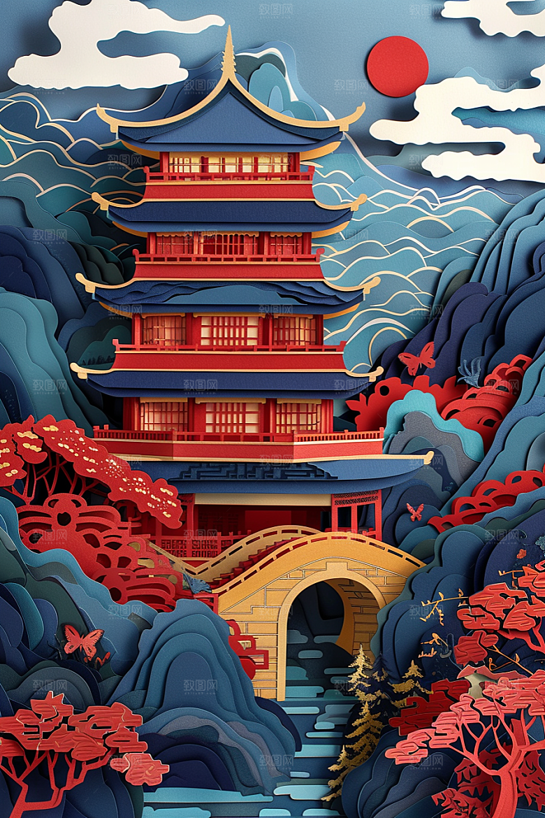 中式山水大气国潮剪纸
