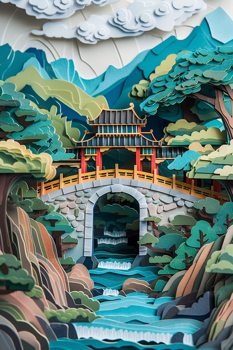 中式山水风光亭台楼阁剪纸