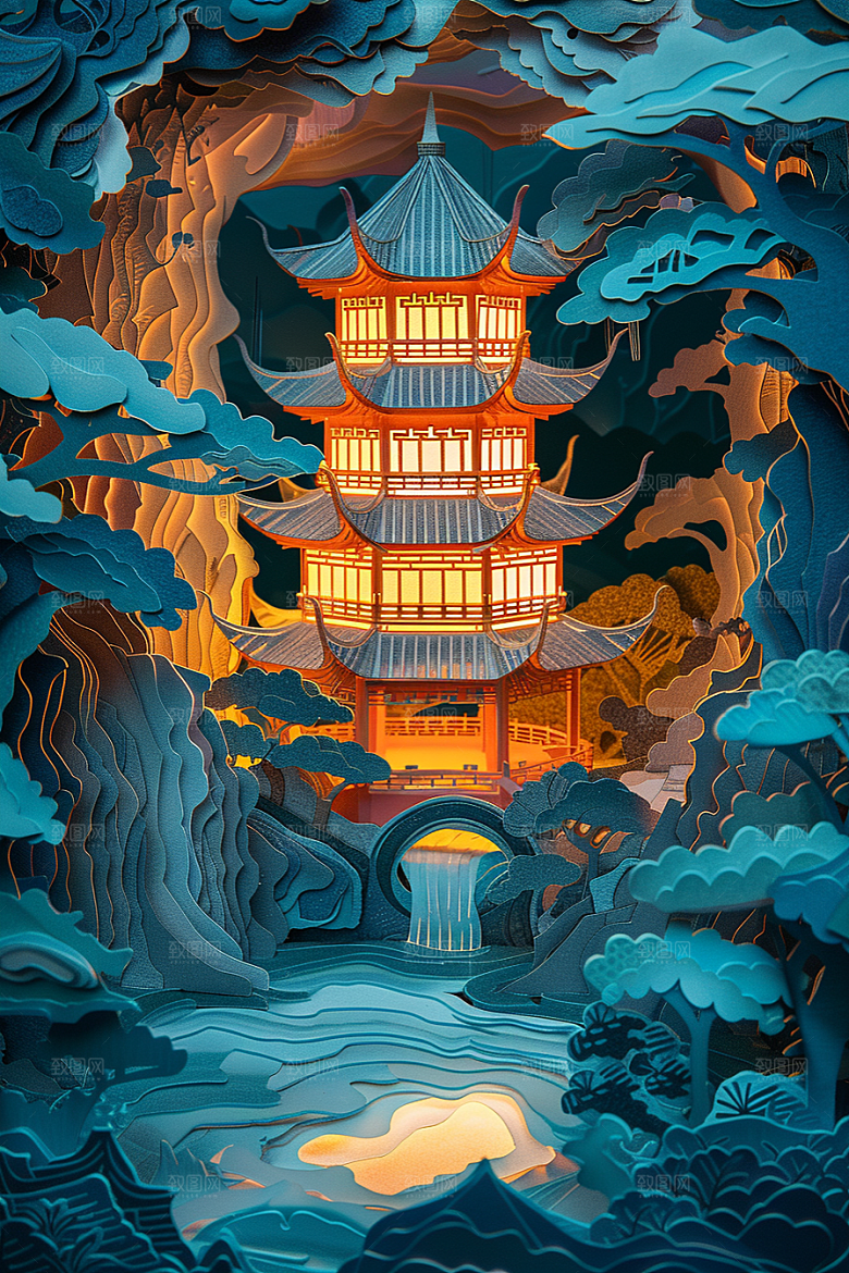 中式山水国潮高清剪纸