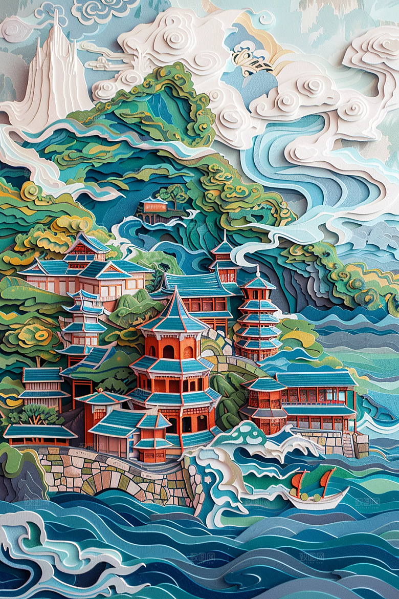 中式山水中国风高清剪纸