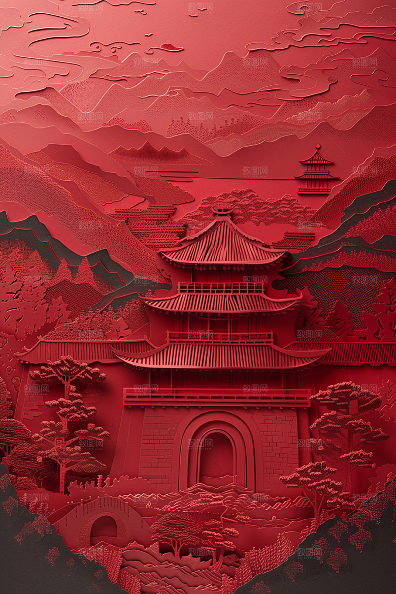 中式山水中国风唯美剪纸