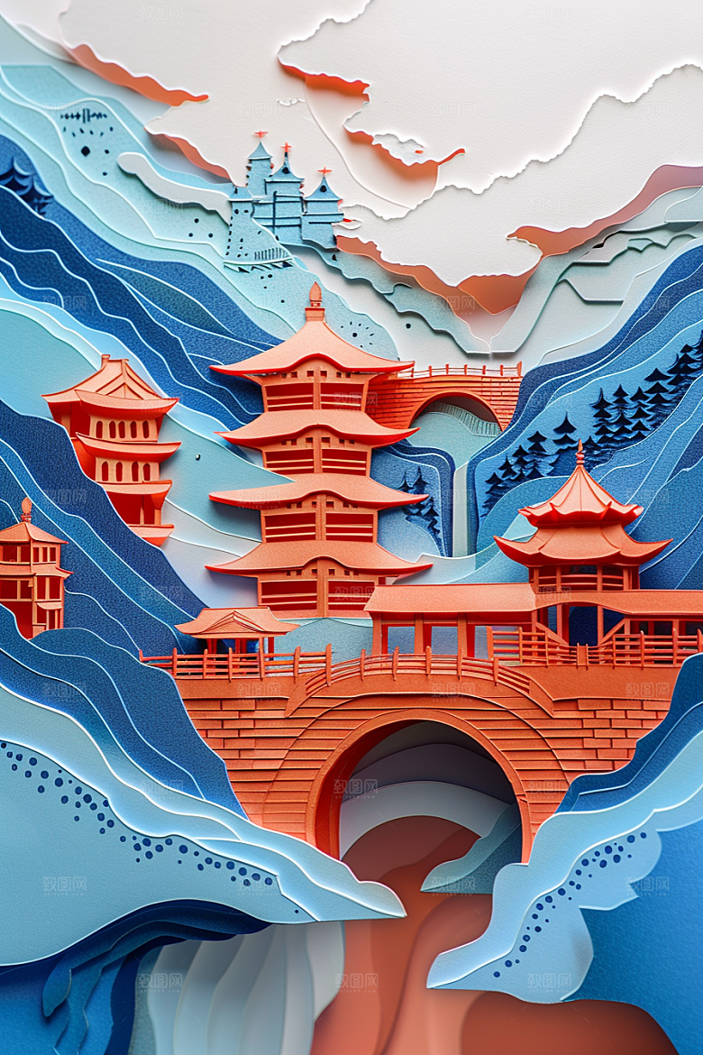 中式山水3D艺术剪纸