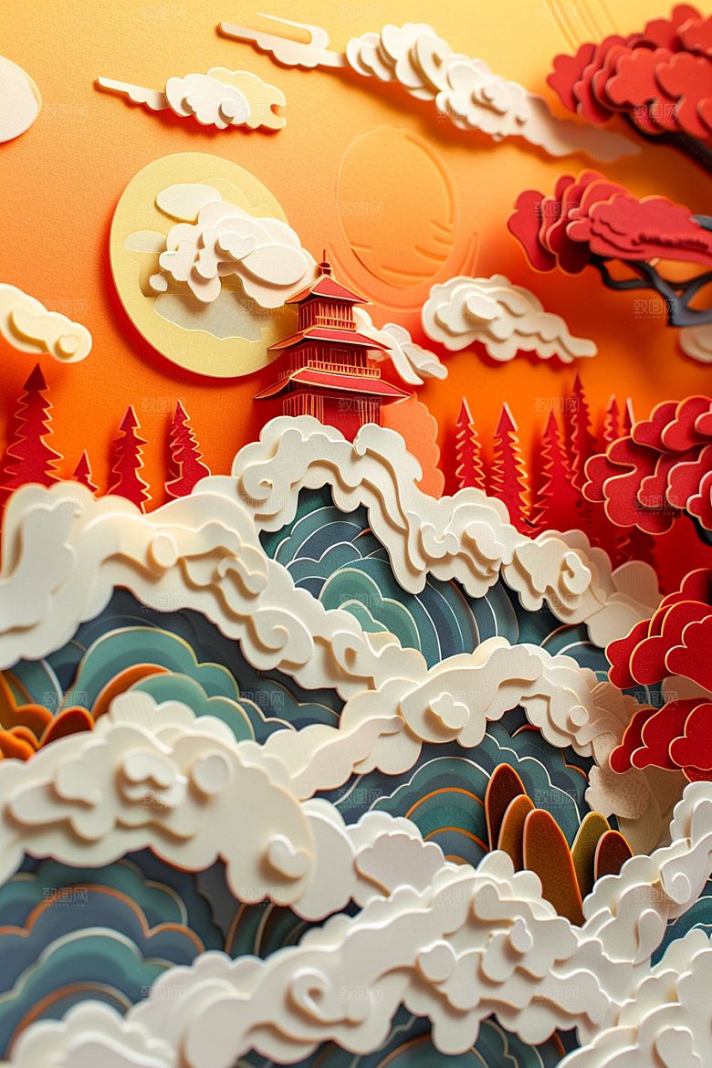 中式山水3D精致剪纸