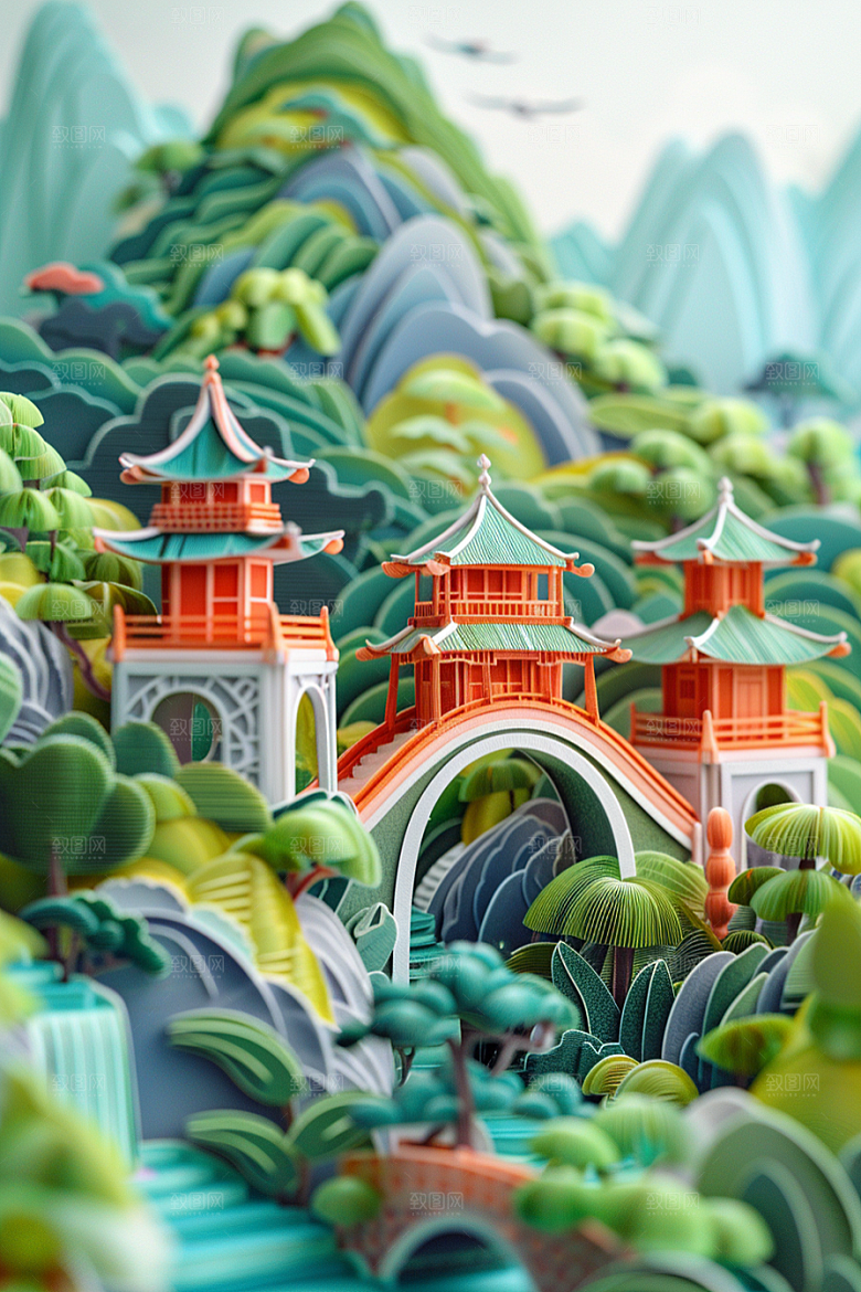 中式山水精致立体剪纸