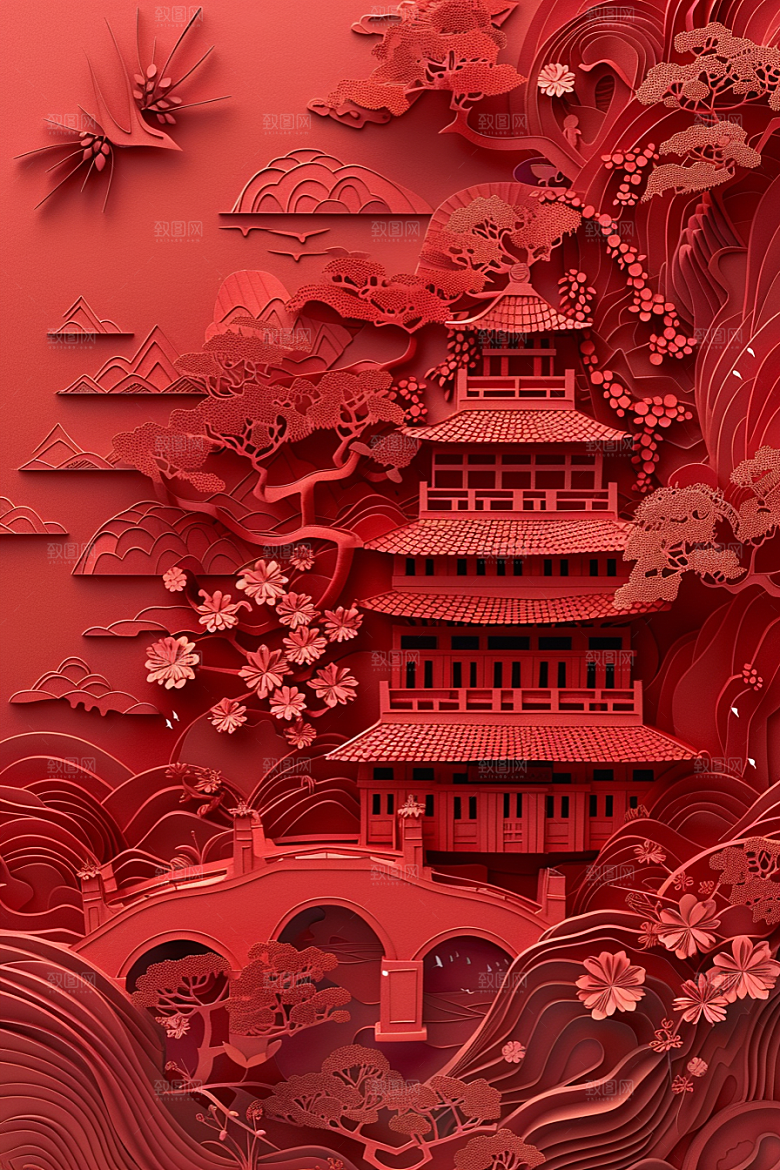 中式山水艺术国潮剪纸