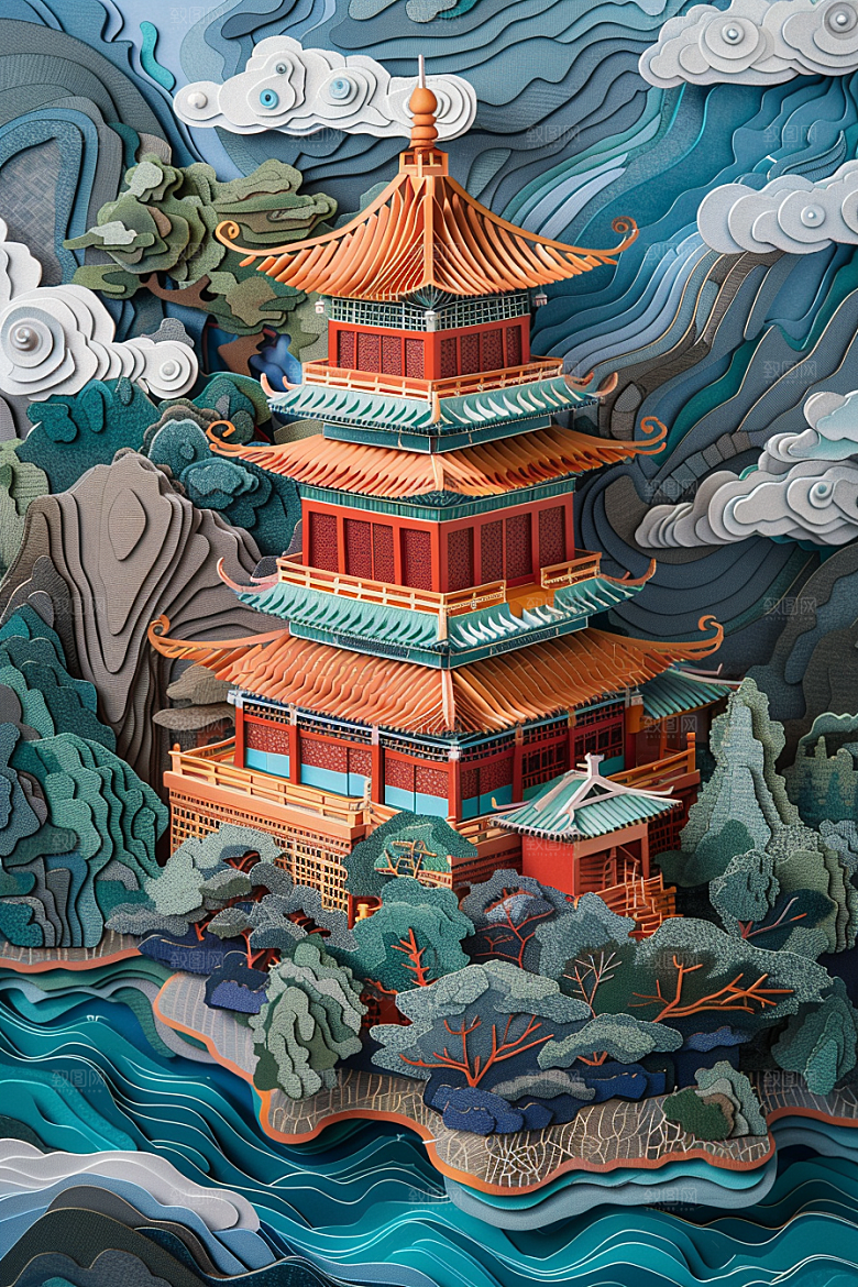 中式山水彩色唯美剪纸