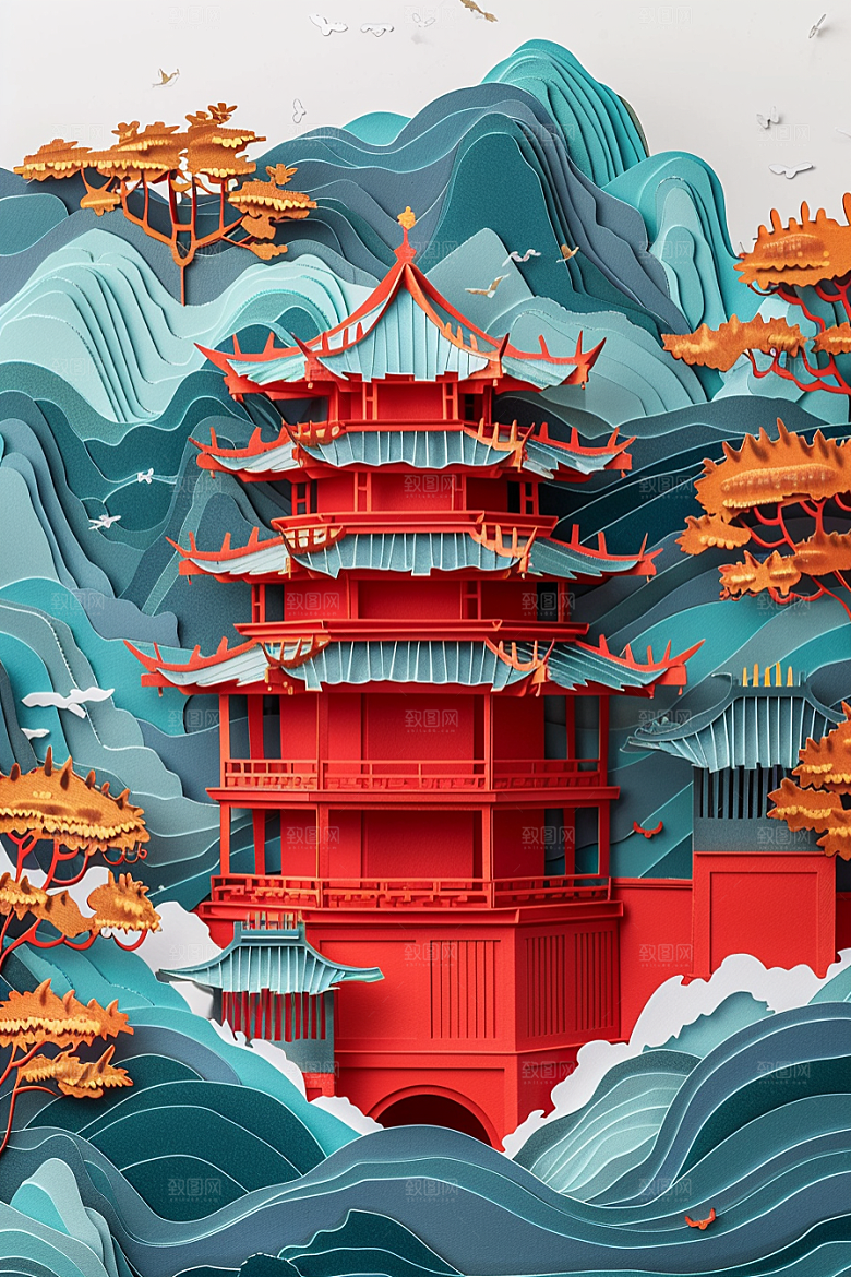 中式山水立体中国风剪纸
