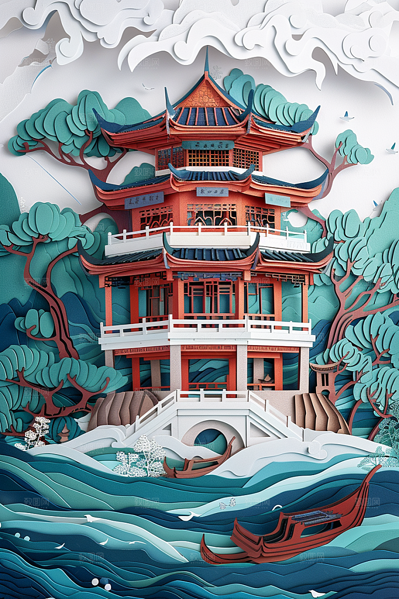 中式山水3D风光剪纸