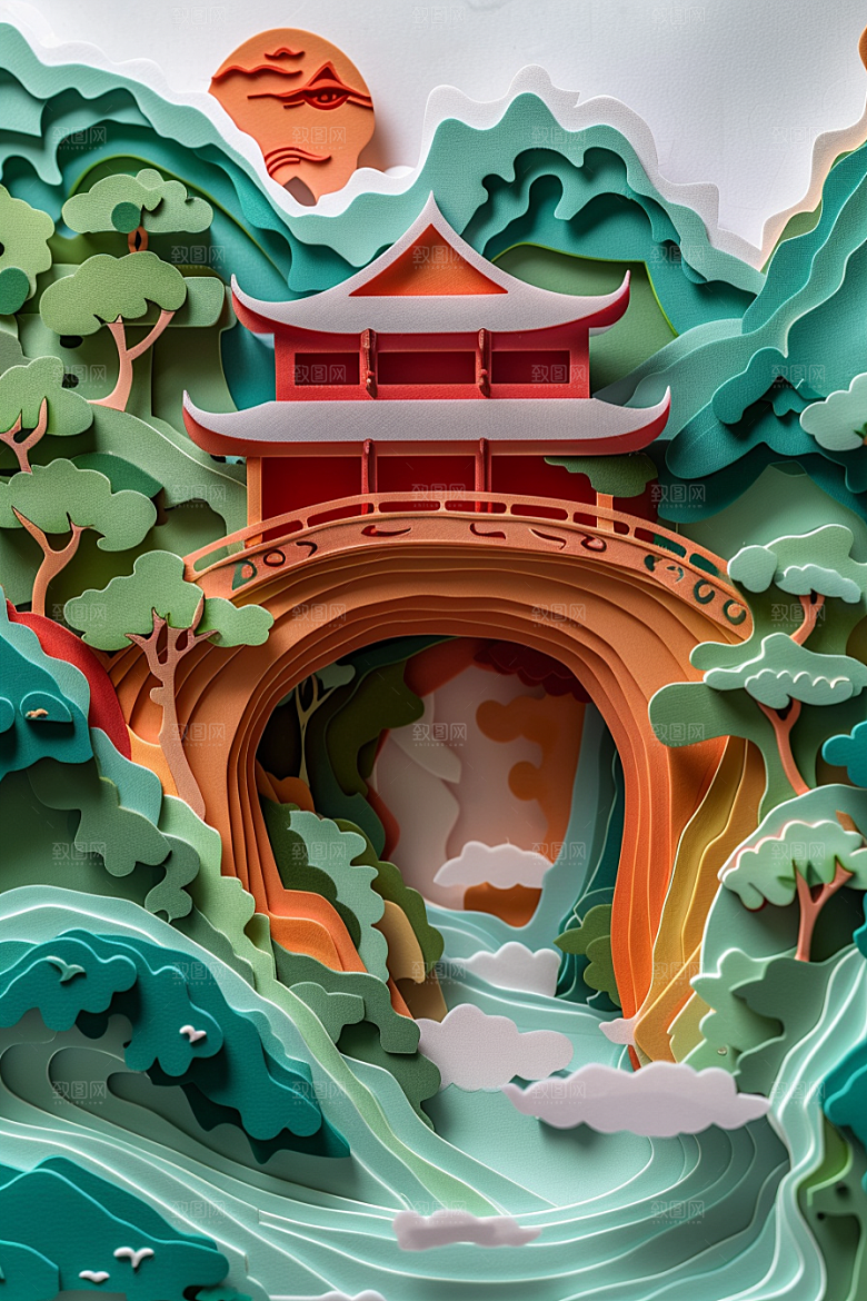 中式山水唯美风光剪纸