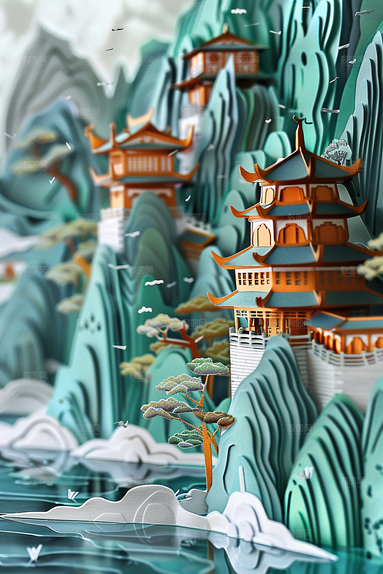 中式山水彩色高清剪纸