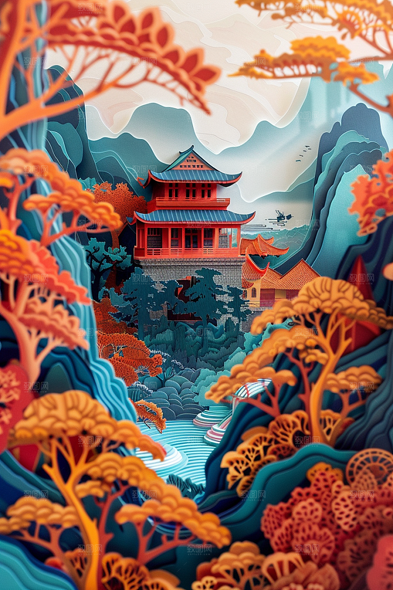 中式山水国潮亭台楼阁剪纸