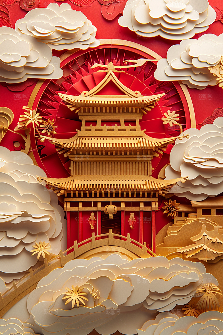 中式山水艺术风光剪纸