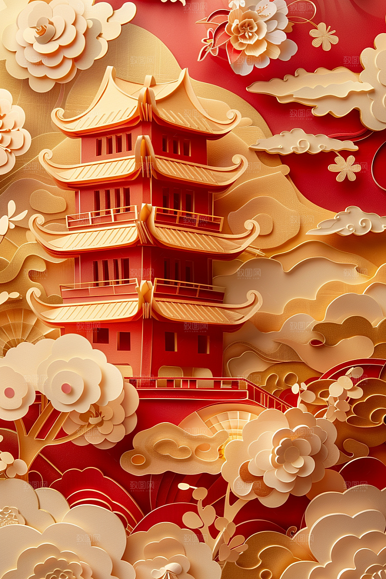 中式山水唯美3D剪纸