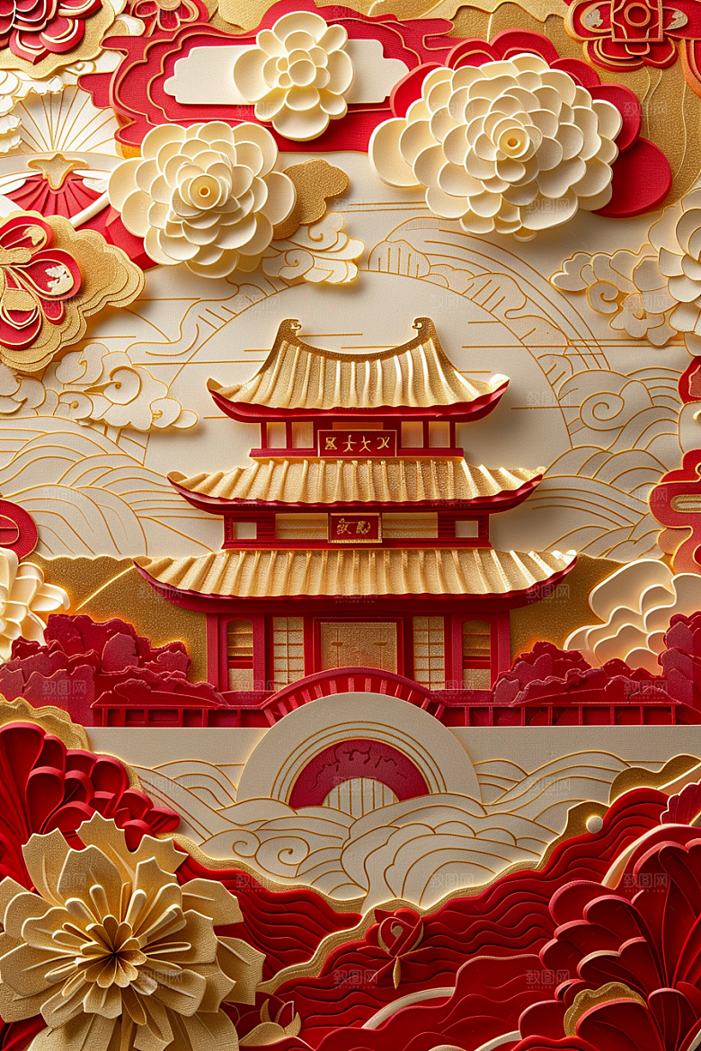 中式山水亭台楼阁艺术剪纸