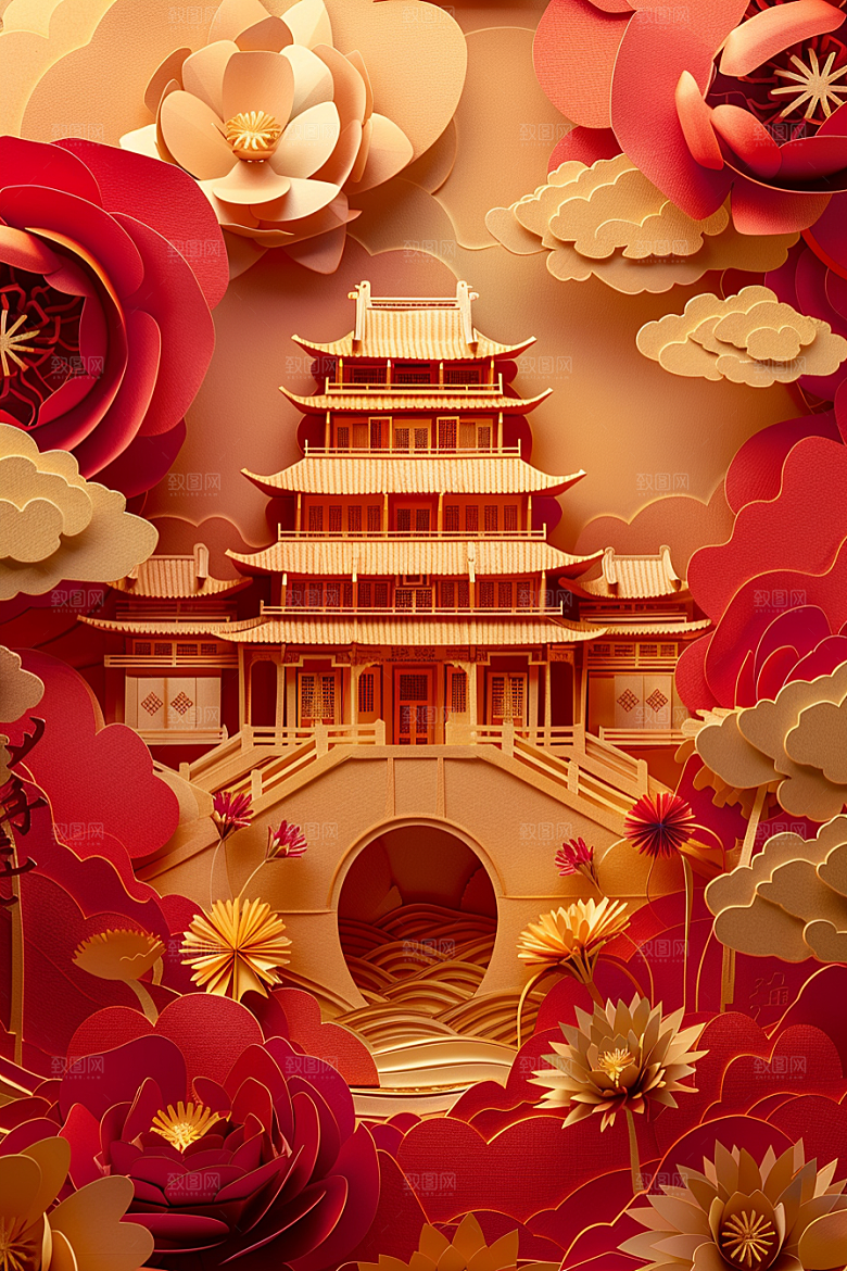 中式山水3D高清剪纸