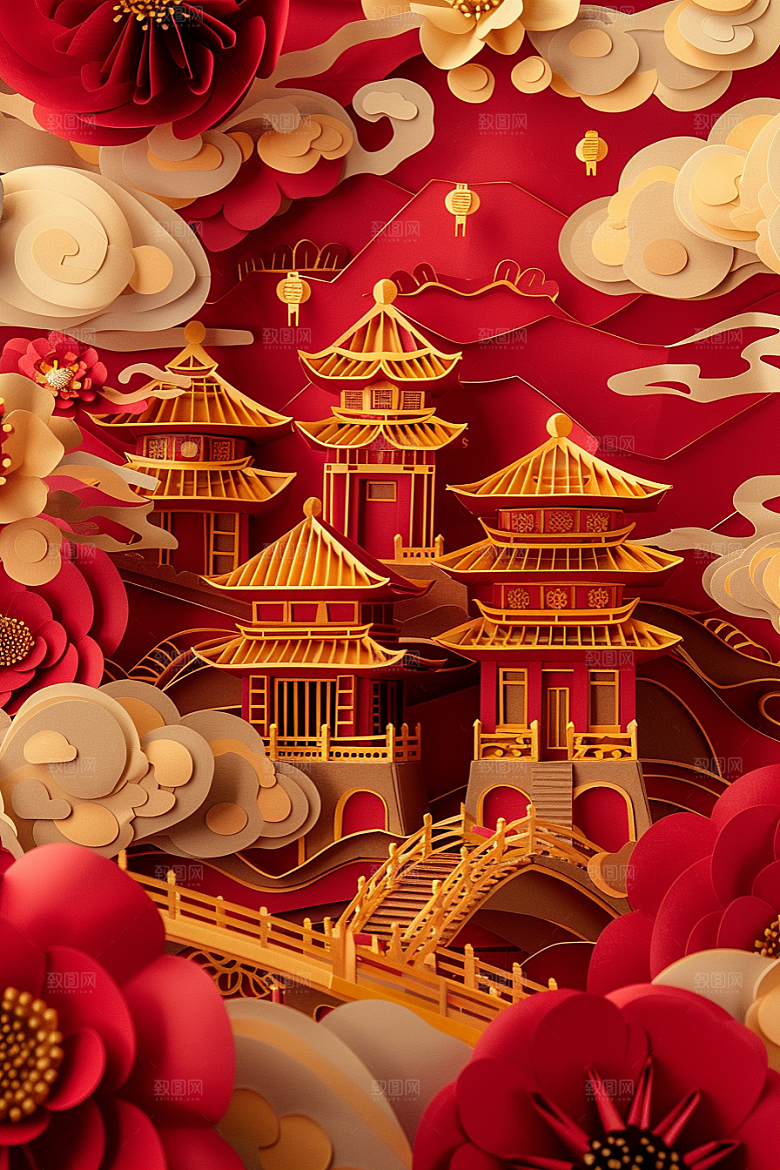 中式山水亭台楼阁层次感剪纸