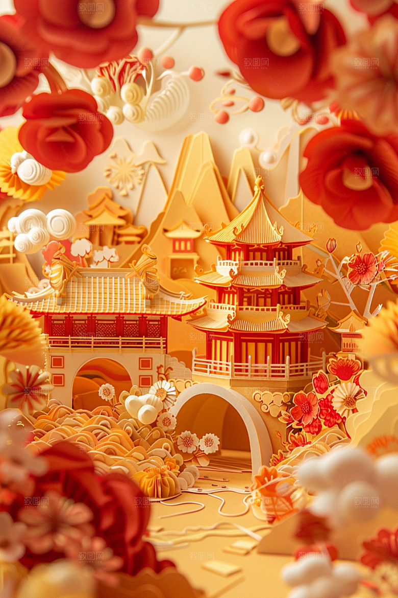中式山水精致风光剪纸